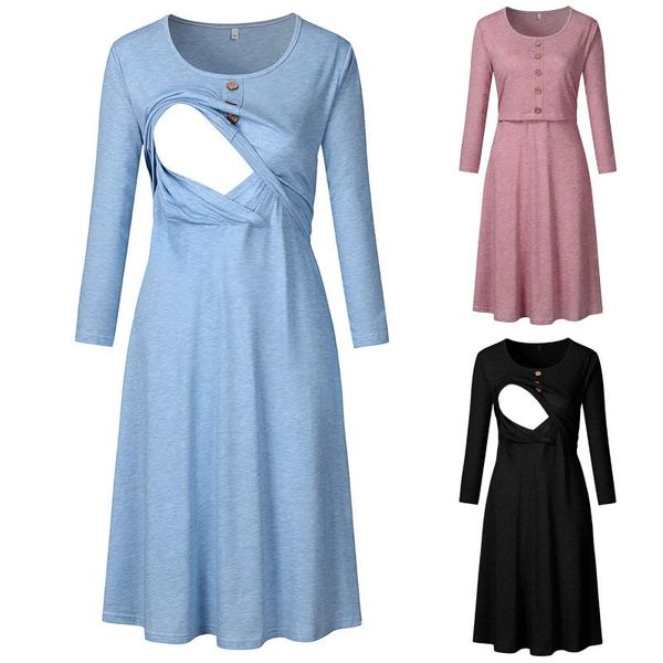 

maternity dresses autumn winter pure lactation maternal dress long-sleeved o-collar receiving waist nursing pregnancy casual clothes, White