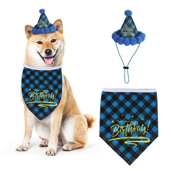 

pet birthday party plaid hat saliva towel set washable and adjustable kerchief for dogs cats pets dog apparel