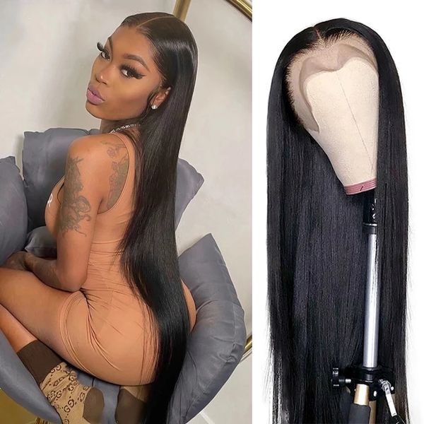 

13x4 silky straight human hair wigs for black women pre plucked natural hairline with babyhair frontal brazilian virgin lace front wig, Black;brown