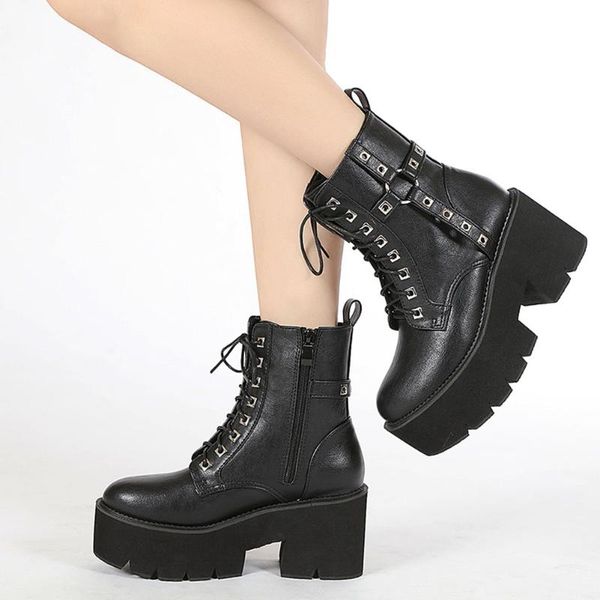 

boots female motorcycle square heel slip-on black high ankle with metal decoration autumn winter comfy woman shoes