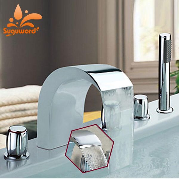 

suguword chrome bathtub faucet 5pcs deck mounted with abs round hand shower and cold mixer bathroom sets