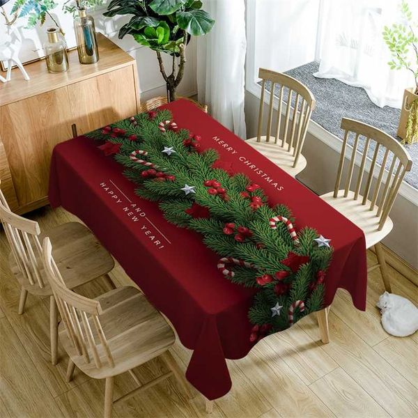 Anpassen der 3D-Tischdecke für das Jahr, grüner Weihnachtsbaum, bunte Kugeln, Muster, waschbar, Baumwolle, staubdicht, rechteckige Tischdecke 211103