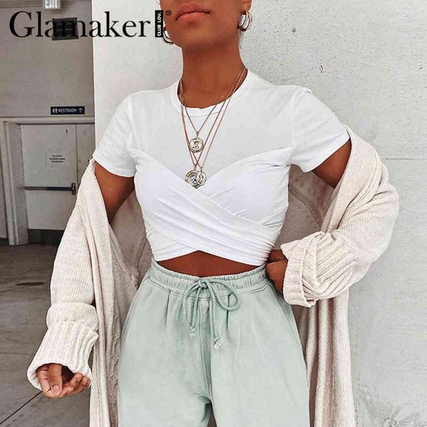 

glamaker white o neck short sleeve crop women summer fashion female clothing t shirt cross lace up tee shirts new 210414