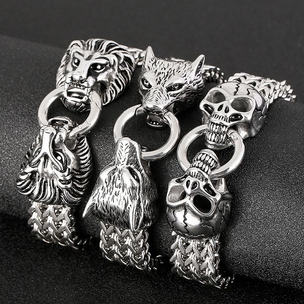 

large 18mm 8.8 inch silver biker men's franco chain bracelet stainless steel wolf head bangle with spring loop clasp heavy, Black