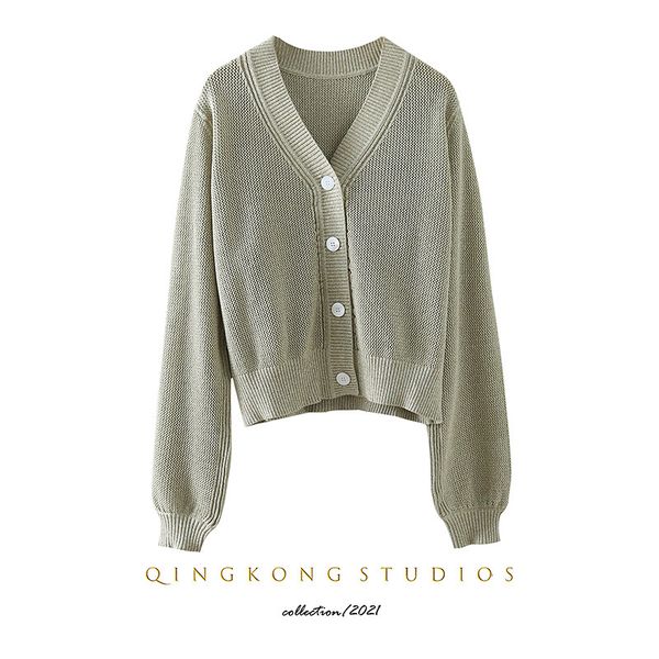 

luxury women's short coatic xiaohe clothing 21 autumn silk hemp cotton v-neck cardigan women's crab shell green knitted long sleev, Black;brown