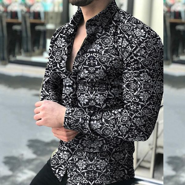 

men's casual shirts 2021 floral shirt long sleeve muscle man fashion printed turn-down collar slim fit mens clothing, White;black
