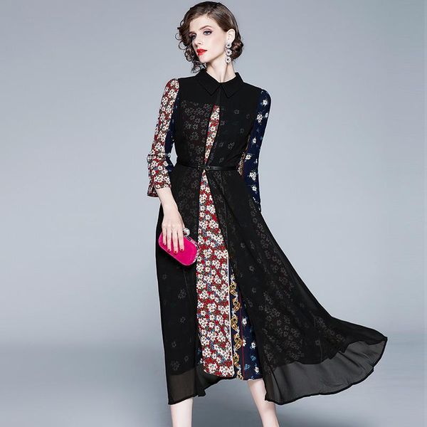 

casual dresses women floral 2021 summer black red chiffon flower fake two pieces long office work beach plus size dress, Black;gray