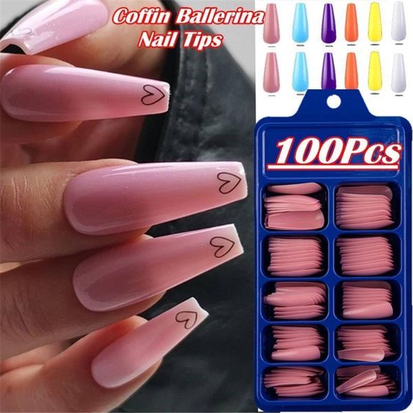 

24/100pcs candy color false nail tips full cover matte coffin ballerina fake nails diy beauty manicure extension tools1, Red;gold