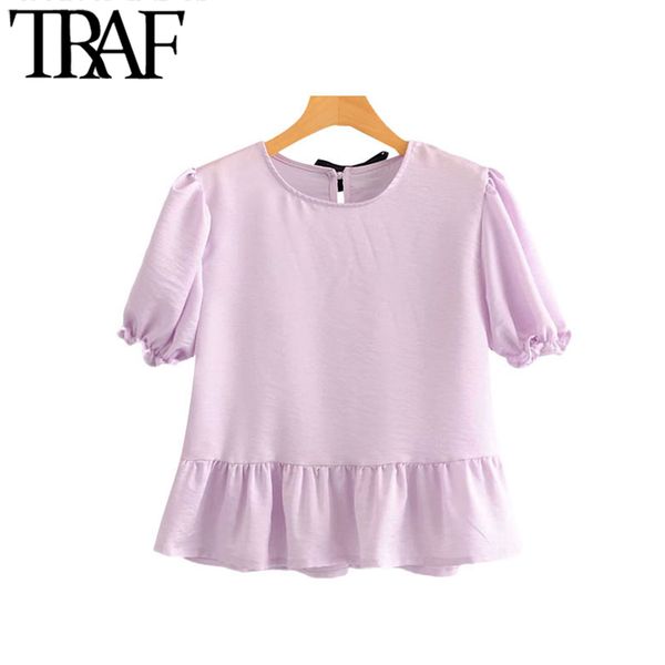 

traf women sweet fashion back bow tied button ruffled blouses vintage o neck short sleeve female shirts blusa chic 210415, White