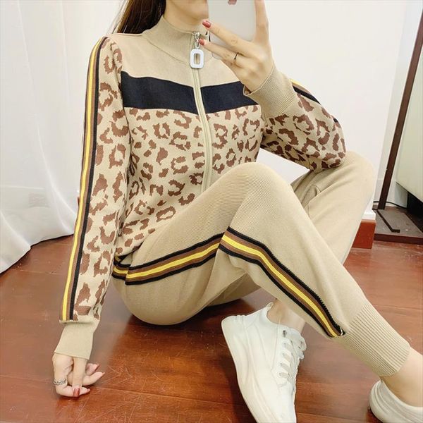 

autumn winter knitted womenpant two piece set turtleneck zipper leopard cardigans coat and striped pants suits, White