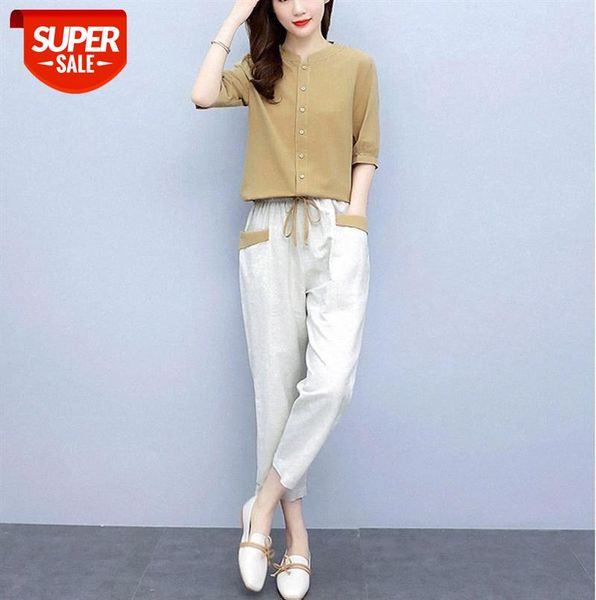 

cotton and linen trousers women's summer short-sleeved nine-point pants two-piece suit #fj7y, Black