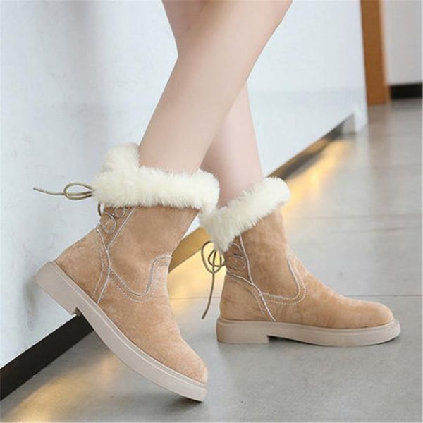 

boots 2021 fashion ladies flock ankle winter warm snow for women shoes flat cross-tied plush bottines black mujer botas