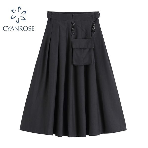 MIDI юбка женщина новая мода осень повседневная высокая талия кармана женский корейский промытый хлопок черный a-line юбка улица 210417