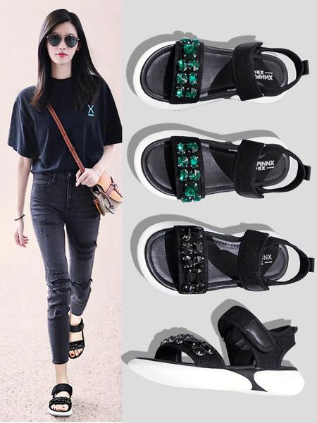 

dress shoes net red sandals female fairy wind 2021 temperament fashion wild summer rhinestone flat bottom sports super fire ins tide, Black