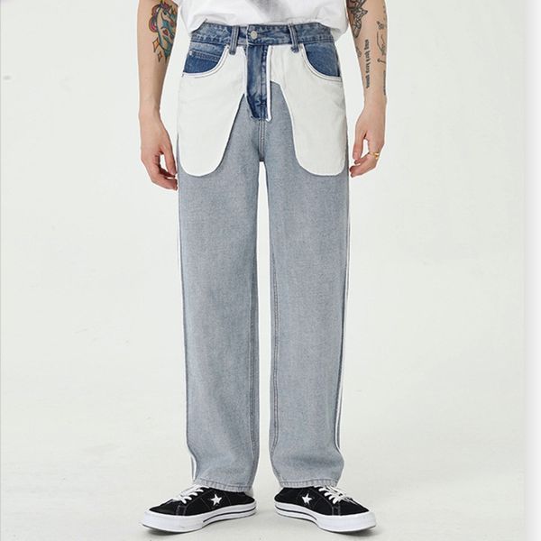 

spring vintage high waist casual pants denim all-match buttons trousers stitching design trend ladies cowboy qb883b 210510, Blue