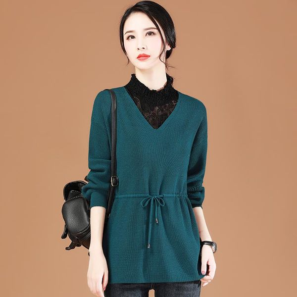 

women's sweaters mock two-piece lace joint half waist hugging sweater lace-up mid-length 2021 spring clothing outer wear fashion, White;black