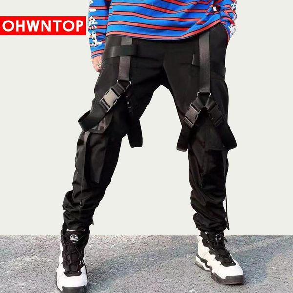 

multi buckle ribbons pockets joggers cargo harem pants streetwear 2021 men autumn hip hop casual sweatpants male trousers men's, Black