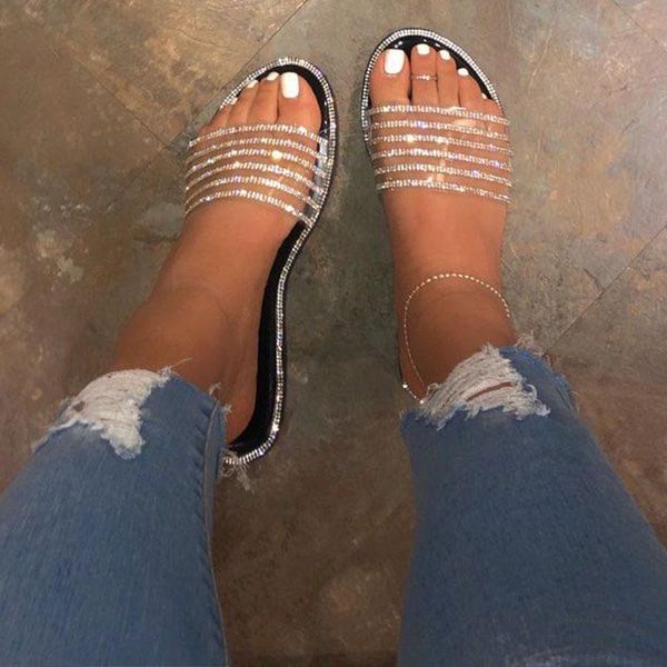 

slippers 2021 summer women shoes woman flat sandals rhinestone beach house ladies slides black pantuflas de mujer