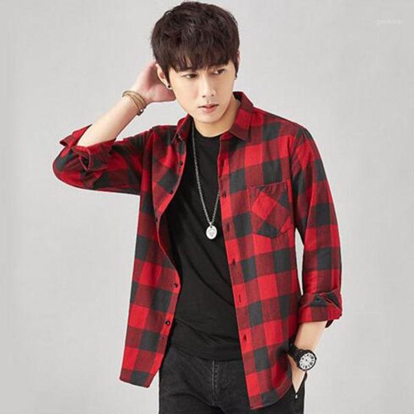 

men's casual shirts england style men long sleeve single breasted turn-down collar plaid printed breathable comfortable contrast color1, White;black
