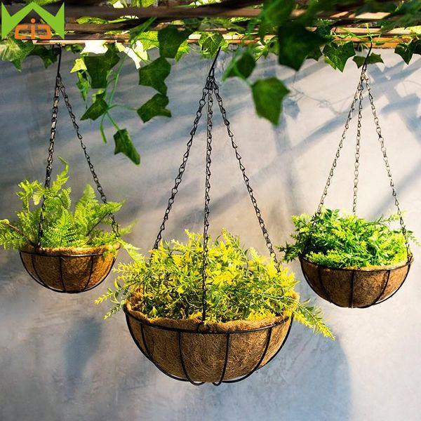 

s/m/l/xl coconut palm hanging baskets wall-mounted iron flower basket balcony grass planter creative flowers pot decoration planters & pots