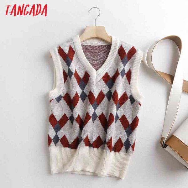 

women geometry pattern knitted vest sweater spring v neck sleeveless female waistcoat chic bc19 210416, White;black
