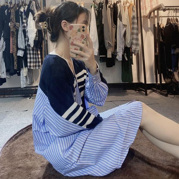 

casual dresses cotton linen women loose plus size fashion streetwear stripe patchwork shirt girl kawaii lady knit cardigan, Black;gray
