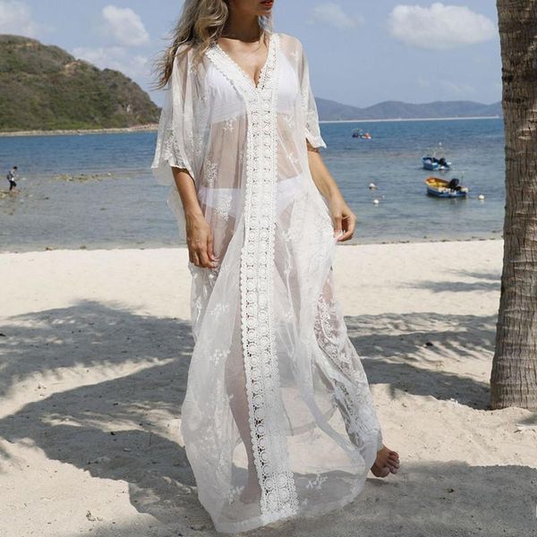 

misswim long white beach dress women summer embroidery swimsuit cover ups tunic for wear see through bikini women's swimwear, White;black