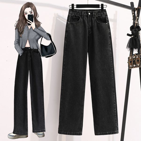 

women's jeans 2021 slim straight pants high waist spring black jeans wide leg children's size, Blue