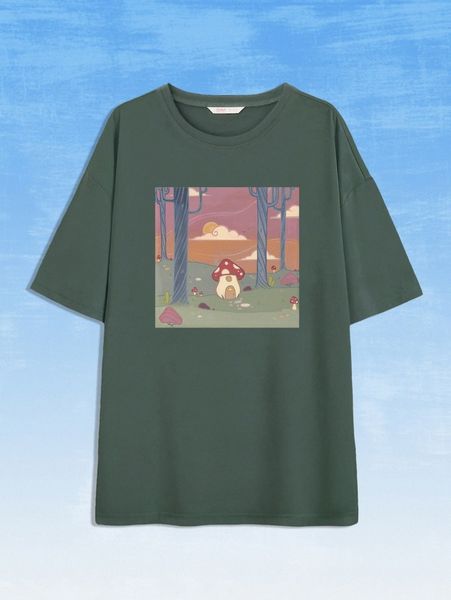 

romwe x veronicaradd mushroom print tee d9w8#, White