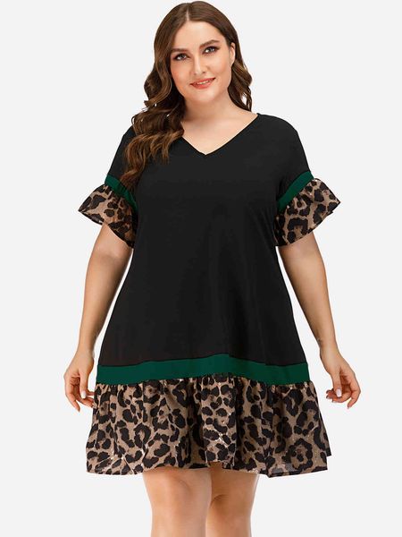 

women's plus size hy863007# loose large leopard stitched v-ne casual skirt