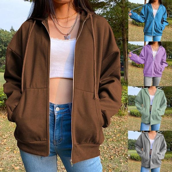

women's hoodies & sweatshirts brown zip hooded sweatshirt winter jacket oversized hoodie retro pocket woman clothes long sleeve pullove, Black