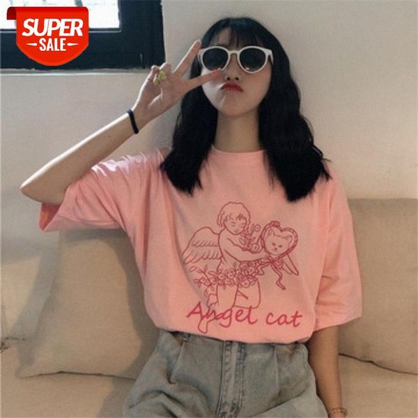 

printed pink short-sleeved t-shirt women's hong kong style new korean loose bottoming shirt trend #ho9u, White