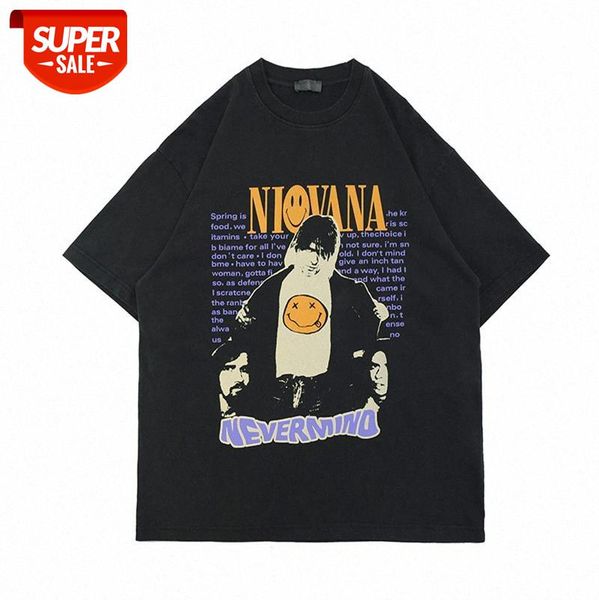 

american high street washed printed t-shirt, fashionable loose illustration character smiley print short-sleeved tee men and women #jv38, White;black