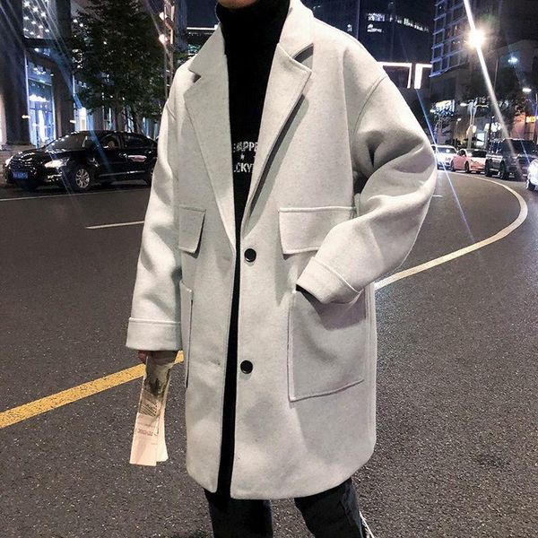 

men's wool & blends men solid color loose woolen coat 2021 winter casual oversize long windbreaker woman streetwear, Black