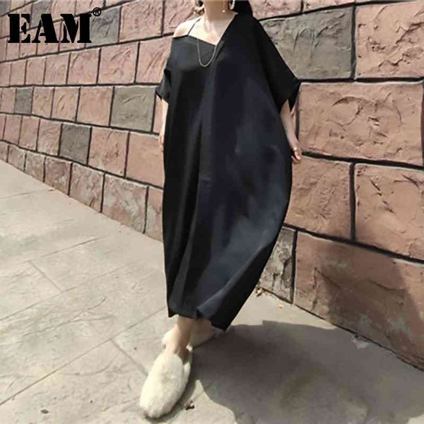 

[eam] spring summer v- neck half sleeve black hollow out loose long oversize big size dress women fashion jt562 21512, Black;gray