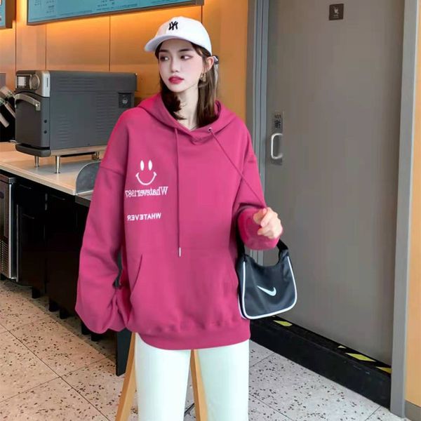 

and winter autumn large size sweater women's long sved cotton hat shirt smiling face printed hooded coat college style top, Black