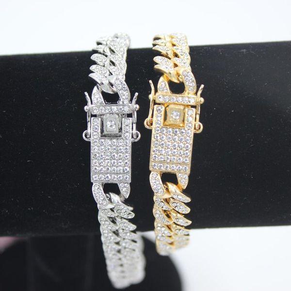 

link, chain 10mm 13mm 16mm cuban bracelets iced out paved rhinestone miami link bracelet for women men rapper hip hop jewelry, Black