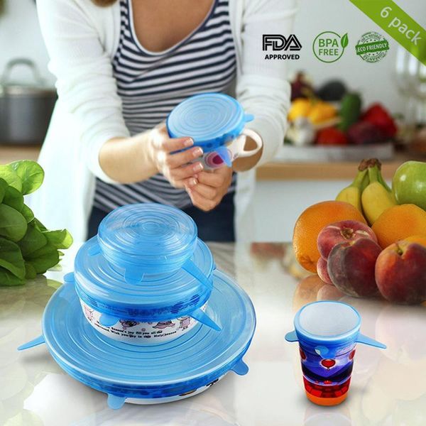 

6pcs silicone lids reusable use foldable vegetable and fruit transparent preservation lid kitchen gadgets storage & organization