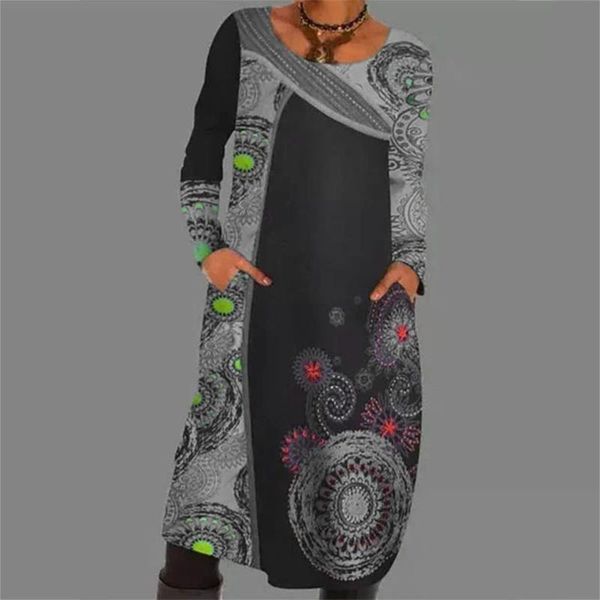 

casual dresses vintage printed dress women autumn long sleeve o neck pullover pocket oversized knee-length vestidos 40#, Black;gray