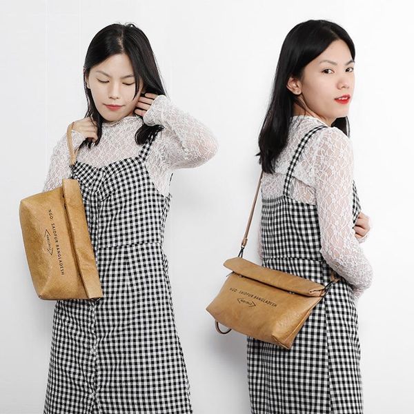 

evening bags women retro folds washed kraft paper handbag folding solid color letter clutch luxury designer shoulder bag