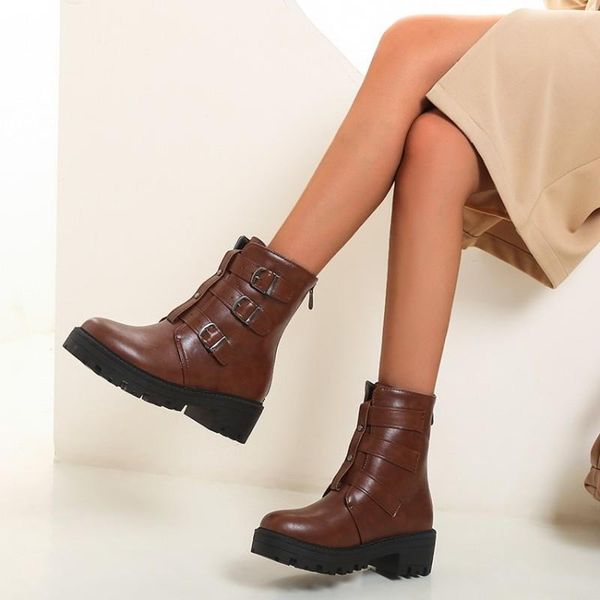 

boots women botas round toe platformthick heel ankle woman fashion zipper motorcycle belt buckle autumn winter shoes black