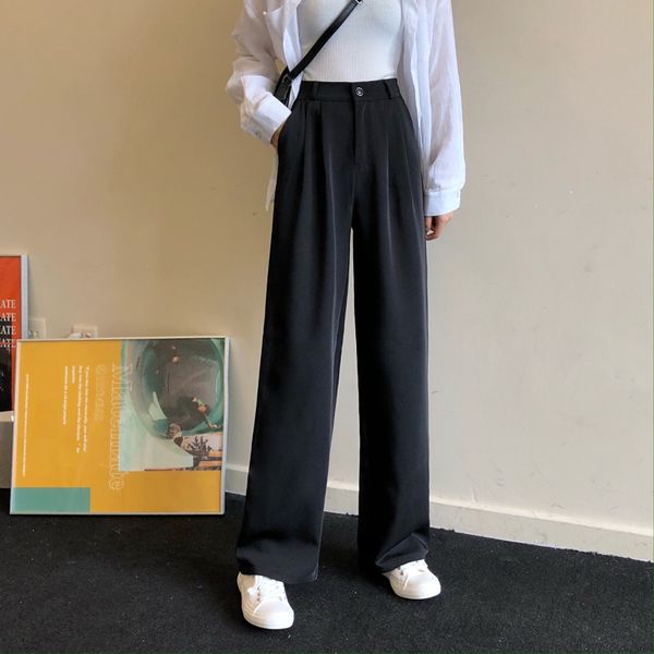 

summer casual high waist straight wide leg pants plus size femme chic solid warm loose all match trousers 210421, Black;white
