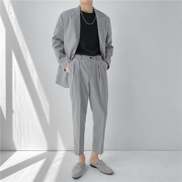

men's suits & blazers 2pcs sets men streetwear loose casual vintage plaid pants male business fashion dress jacket trousers, White;black