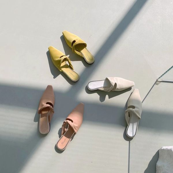 

women slippers round toe flats heeled solid color yellow/white/pink ladies sandals slides mules shoes summer slides flip flops 210513, Black