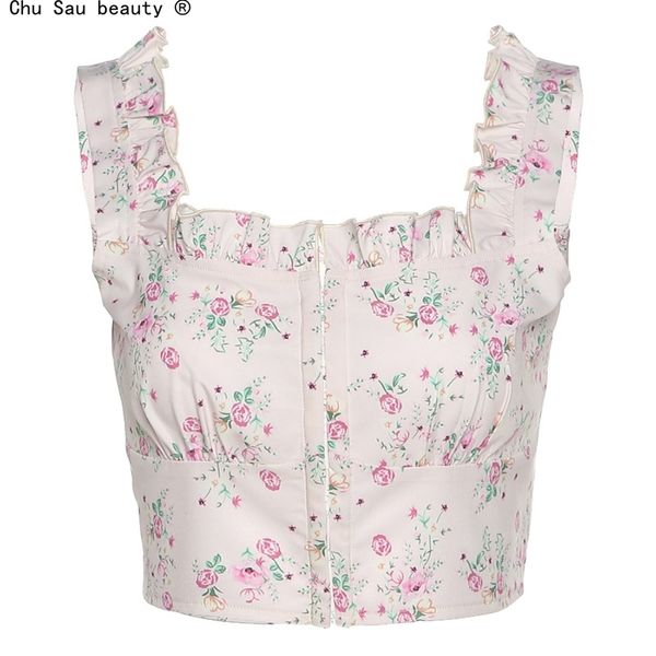 

summer stree casual wear boho sleeveless tees vest female sweet cute floral print crop women camisole 210508, White