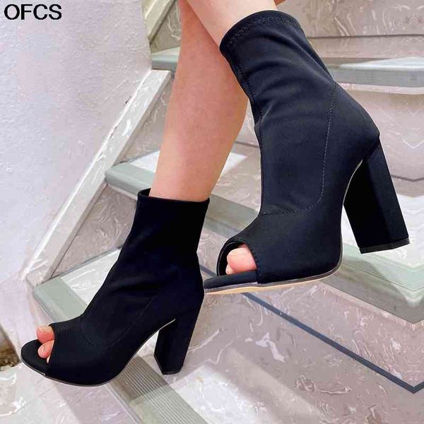 

boots women sandals 2021 fashion stretch fabric summer female exposed toe high-heeled romanesque ladies shoes qubj, Black