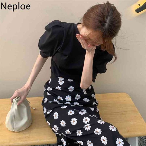 

neploe knitted t shirts women solid french o neck puff sleeve female summer casual slim fit ladies tees 1d232 210720, White