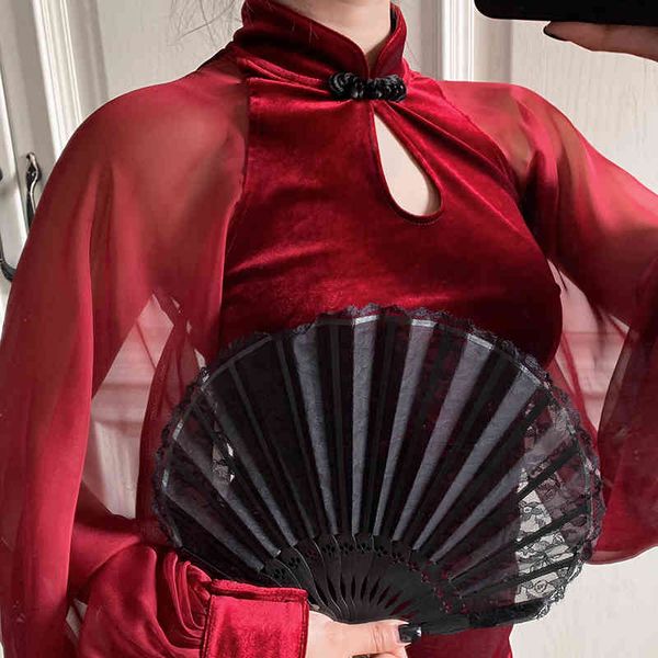 

Casual Dresses Chinese Style Gothic Cheongsam Women Sexy Slim Velvet Mesh Patchwork Female Dress WR65, Black;gray