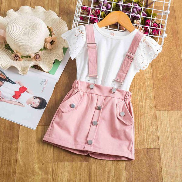 

classic 2 pieces clothing set flower sleeves +overalls shorts kids birthday outfits summer toddler girls clothes size 2-6 years, White