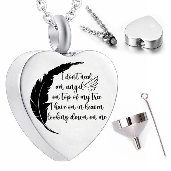 

feather pendant necklace cremation jewelry souvenir with lettering ashes urn for men women, Silver